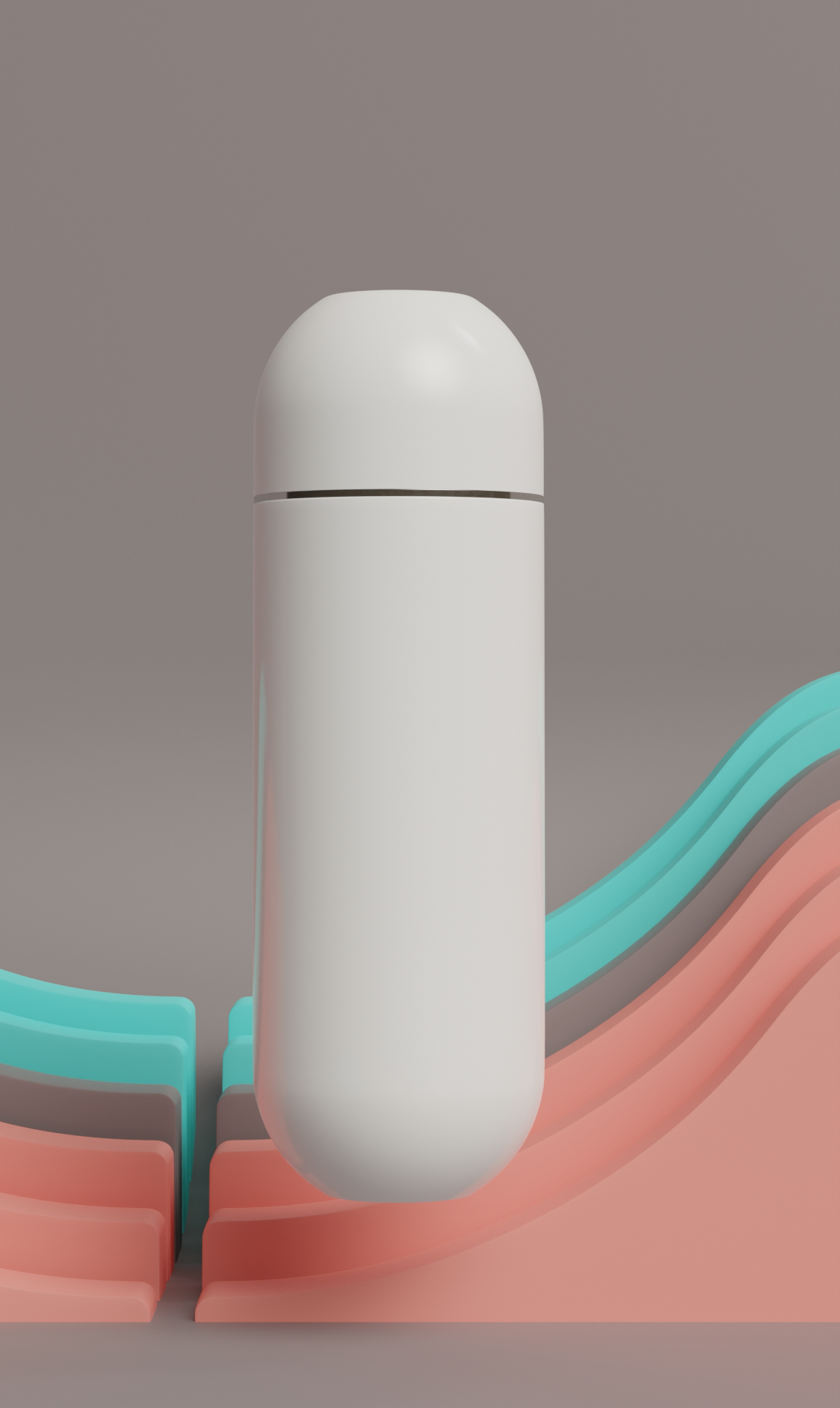 White portable bidet floating in the air with a background of colored shapes